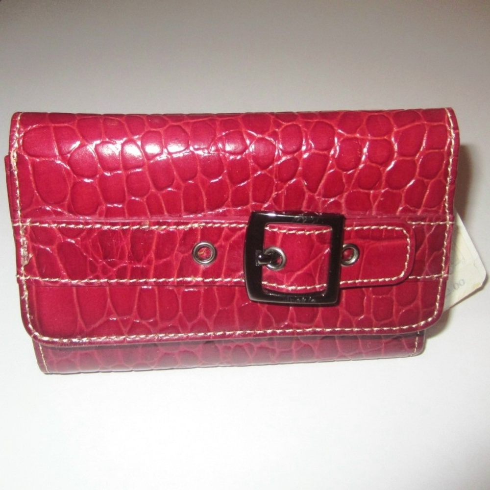 NEW Franco Sarto Red Leather Croc Tri Fold Wallet